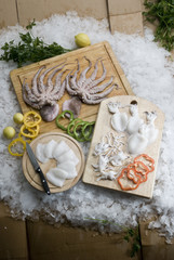 fresh raw baby squid and baby octopus with colour peppers on wooden board with ice 