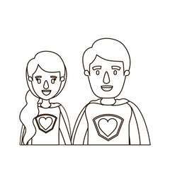 sketch contour caricature half body young couple female and male super hero with heart symbol in uniform vector illustration