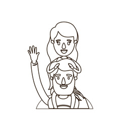 sketch contour caricature half body super dad hero greeting with girl on his back vector illustration
