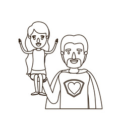 sketch contour caricature half body super dad hero with girl on his hand vector illustration