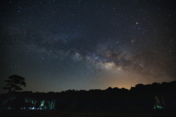 Milky Way and silhouette of tree at Phu Hin Rong Kla National Park,Phitsanulok Thailand, Long exposure photograph.with grain