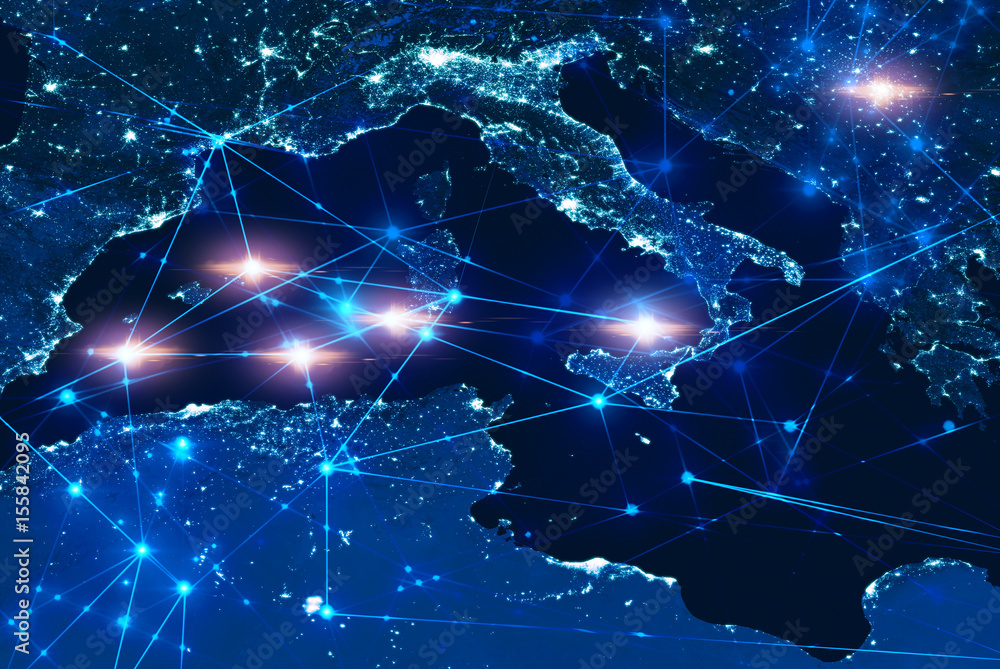 Poster network area connected in worl map element of this image furnished by nasa