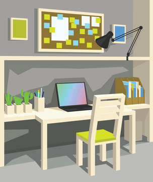Interior of workplace in cartoon style. Perspective. Home Office in Grey Color. 