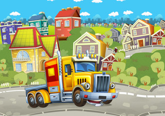 cartoon happy cargo truck without trailer driving through the city
