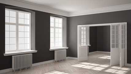 Empty room with parquet floor, big windows, doors and radiators, white and gray interior design