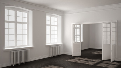 Empty room with parquet floor, big windows, doors and radiators, white and gray interior design