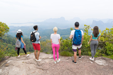 People Group With Backpacks Standing On Mountain Top Enjoy Landscape Back Rear View, Young Men And Woman Backpackers On Hike