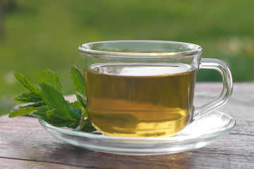 Glass cup of mint tea with mint leaves