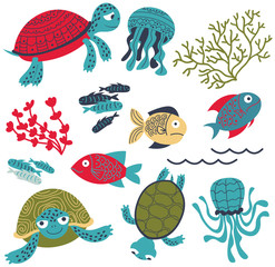 Fototapeta premium Vector colorful sea turtles with fish and corals set