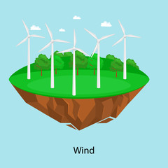 Obraz premium alternative energy power, wind electricity turbine field on a green grass ecology concept, technology of renewable windmill station vector illustratin