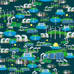Naklejka premium seamless pattern alternative energy green power, environment save, renewable turbine energy, wind and solar ecology electricity, ecological industry vector illustration
