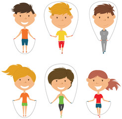 Cute boys and girls skipping rope vector set.