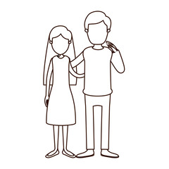 sketch contour full body woman with long hair in dress and man embracing couple vector illustration