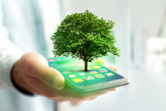 Green tree going out of a smartphone - Ecology concept