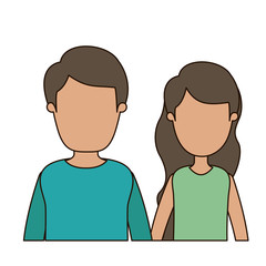 Fototapeta premium colorful caricature faceless front view half body couple woman with long wavy hair and man vector illustration