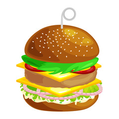 tasty burger grilled beef and fresh vegetables dressed with sauce in bun for snack or lunch, hamburger classical american fast food meal usual menu could be barbecue meat bread tomato cheese on white