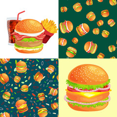 Set of burger grilled beef and fresh vegetables dressed with sauce bun for snack, american hamburger fast food barbecue meat meal with bread tomato cheese, Hamburger vecor illustration background