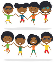 Cute African-American couples jumping outdoor vector illustration.