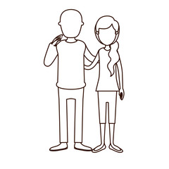 sketch contour full body woman with side ponytail hairstyle and bald man embracing couple vector illustration