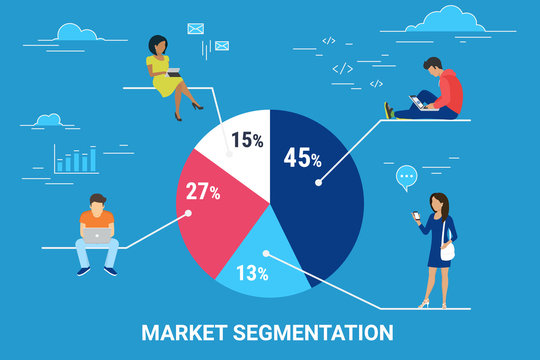 Market segmentation infographic vector illustration of people sitting on round percentage diagram. Flat people working with laptop, chatting messages and using digital tablet. Blue business background