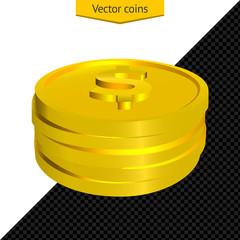 Vector coins isolated on white and transparent background. Stack of realistic 3D coins. Gold coins icon. Vector illustration of money, currency in dollars.