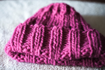 Pink volumetric cap. Pink Knitted Winter Hat