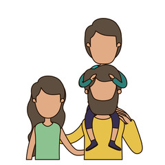 colorful caricature faceless front view half body family with wavy long hair woman and bearded man with boy on his back vector illustration