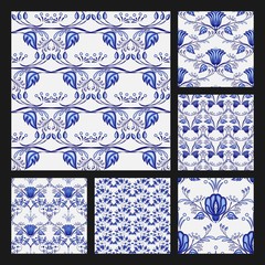 Set of floral seamless patterns in ethnic style of the national porcelain painting. Beautiful blue pattern on a white background.