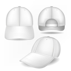 Cap mockup in front, side and back views. Vector template. Fully editable handmade mesh.