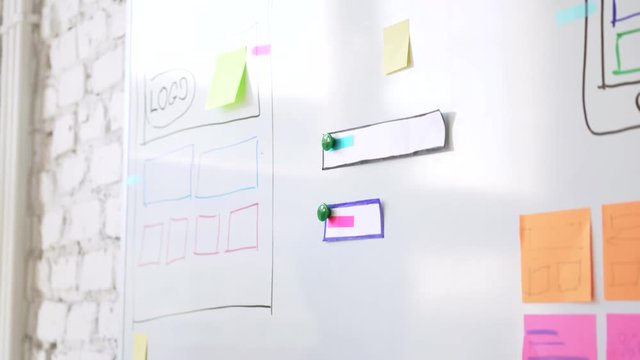 Closeup of web designers prototyping website layout on whiteboard