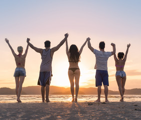Obraz premium Young People Group On Beach At Sunset Summer Vacation, Friends Holding Hands Up Seaside Back Rear View Sea Ocean Holiday Travel