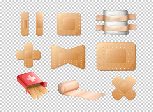 Different Designs Of Bandages On Transparent Background