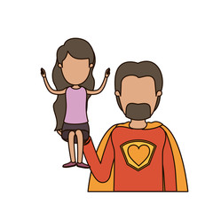 colorful caricature faceless half body super dad hero with girl on his hand vector illustration