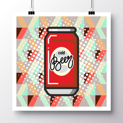 Poster with icon can of beer and phrase-Cold Beer against the background of a seamless pattern. Vector illustration for wallpaper, flyers, invitation, brochure, greeting card, menu.