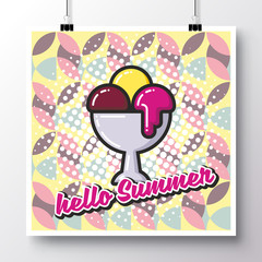 Poster with icon ice cream and phrase-Hello Summer against the background of a seamless pattern. Vector illustration for wallpaper, flyers, invitation, brochure, greeting card, menu.