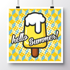Poster with icon ice cream and phrase-Hello Summer against the background of a seamless pattern. 