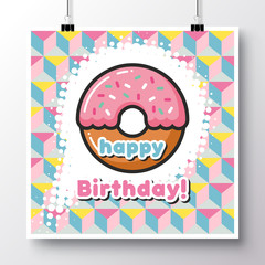 Poster with icon donut and phrase-Happy Birthday against the background of a seamless pattern.