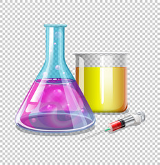 Beakers and syringe with liquid inside