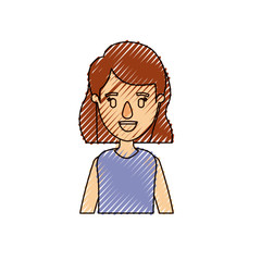 color crayon stripe caricature half body woman with short wavy hair vector illustration