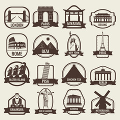 Fototapeta premium Travel badges and labels. World famous landmarks. Travel and Tourism concept. Vector