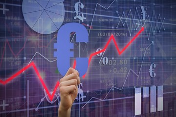 Composite image of hand holding euro sign