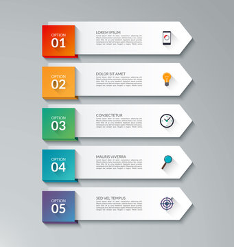 Infographic arrow template with 5 options. File is layered. Can be used for diagram, graph, chart, web banner