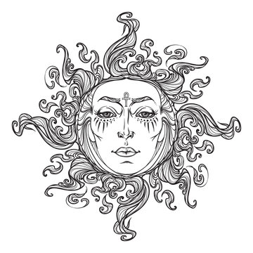 Fairytale style hand drawn sun with a human face. Black and white graphic style decorative element for tattoo textile prints or greeting card design. EPS10 vector illustration.
