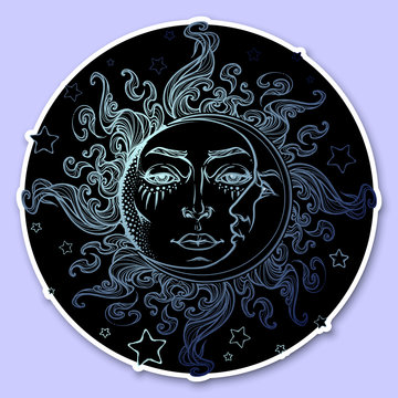 Decorative sticker. Fairytale style hand drawn sun and crescent moon with a human face on a starry night background. Graphic style decorative element. EPS10 vector illustration.