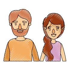 color crayon stripe caricature half body couple woman with ponytail side hair and bearded man vector illustration