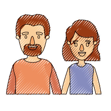 color crayon stripe caricature half body couple woman with short hair and bearded man vector illustration