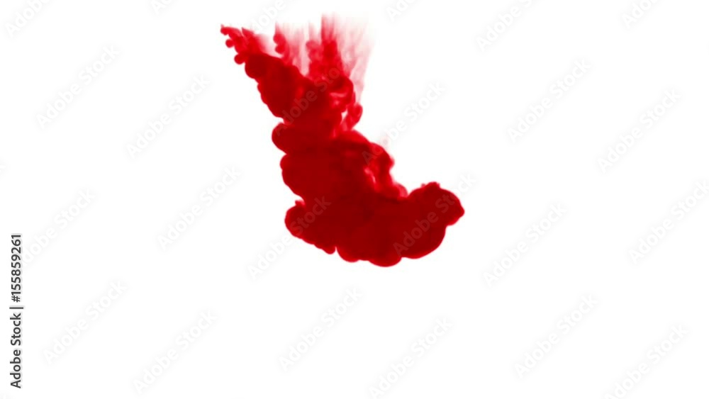 Poster Close-up shot of a drop ink in liquid. Red ink in water and move in slow motion. Use for inky background or backdrop with smoke or ink effects, alpha channel is on use for it luma matte