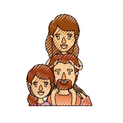 color crayon stripe caricature half body family with mother and father with moustache and girl on his back vector illustration