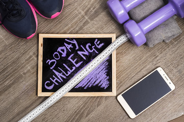 Fitness concept on wooden background / 30 Day challenge.