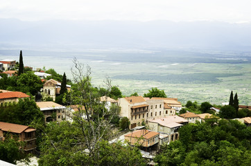 Panoramic view of a small town in the mountains, Sighnaghi or Signagi city in Georgia